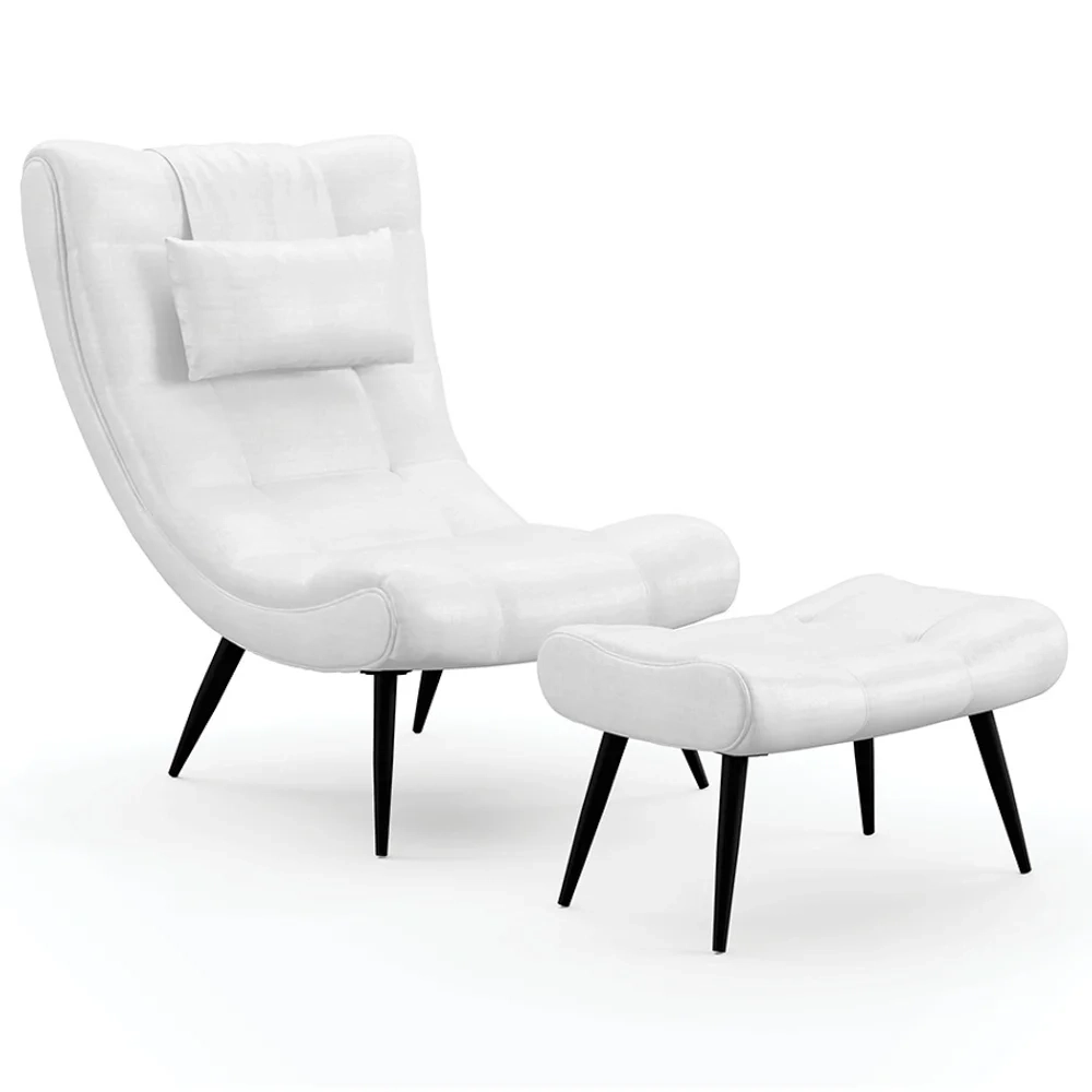 Kit Poltrona e Puff Para Sala de Estar com Almofada e Pés Palito Lord Facto Dunas Branco - Ibiza