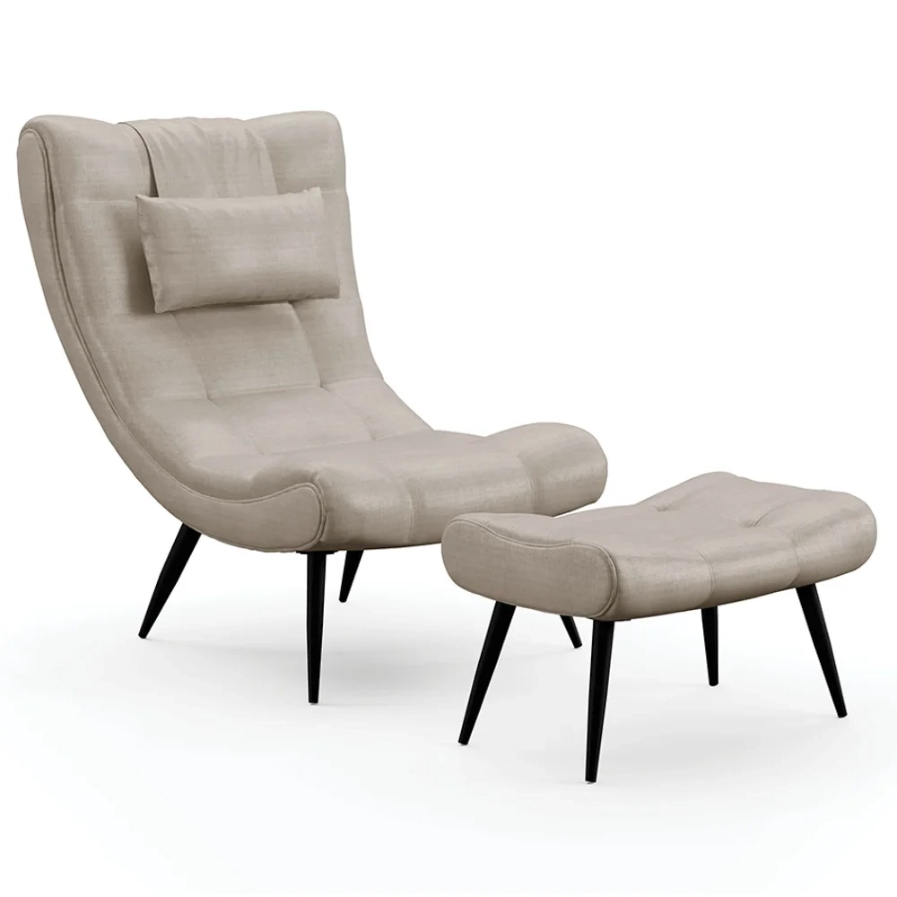 Kit Poltrona e Puff Para Sala de Estar com Almofada e Pés Palito Lord Facto Dunas Pérola - Ibiza