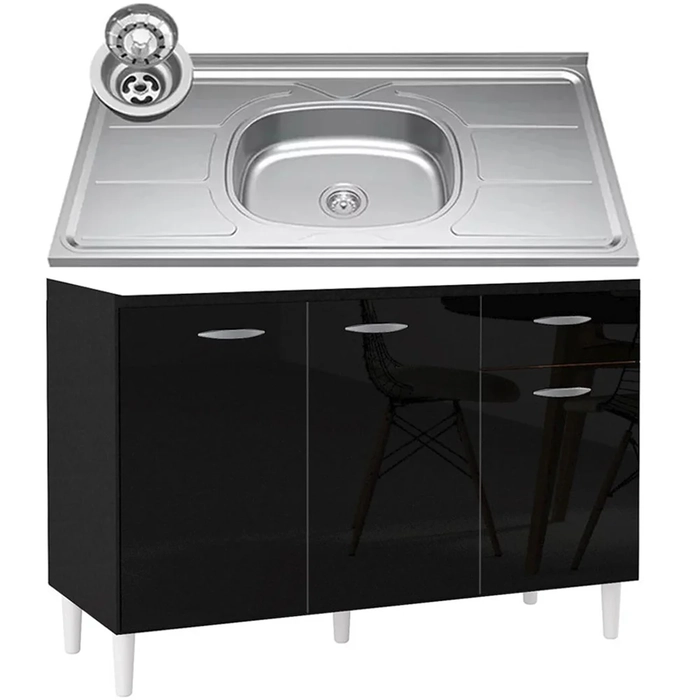 Balcão de Cozinha com Pia Inox 120cm 3 Portas Classic Z46 Preto - Mpozenato