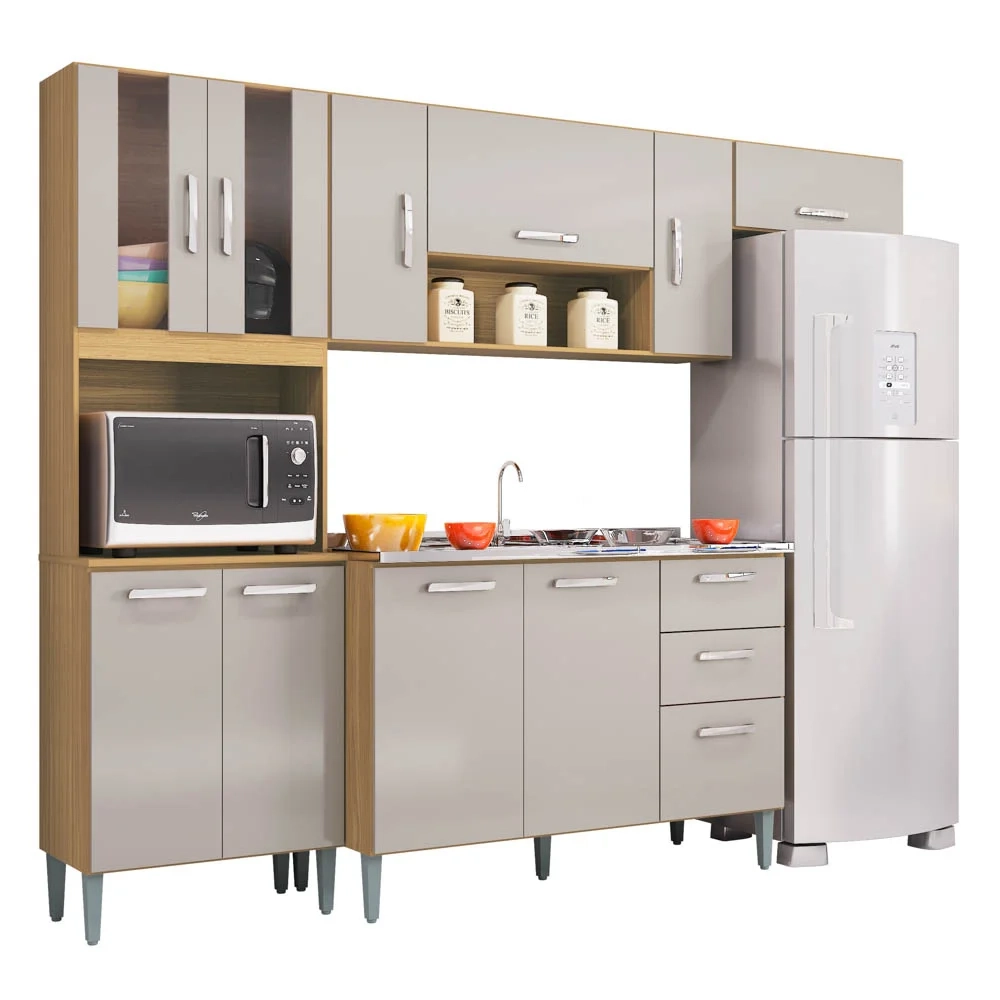 Cozinha Compacta Completa 244cm com Balcão e Pia Inox Livy Z46 Damasco/POff White - Mpozenato