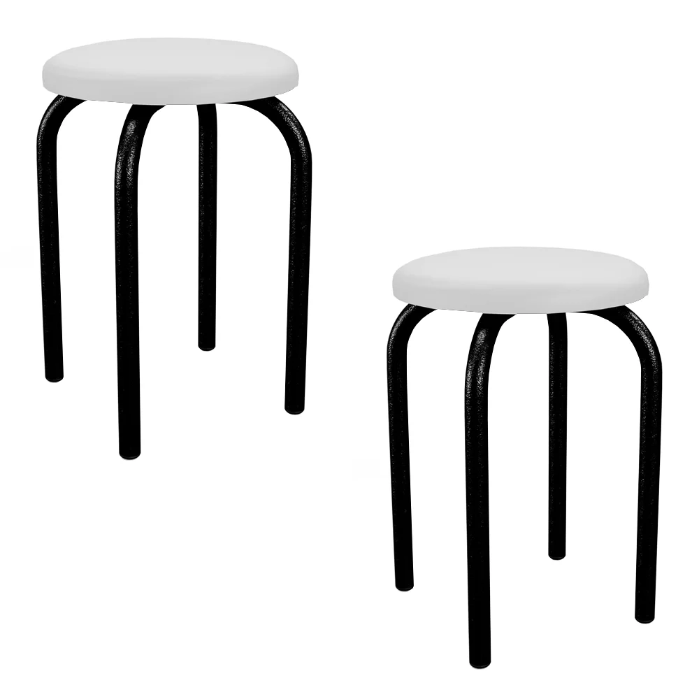 Kit 2 Banquetas Baixas Empilháveis em Aço Maviê Sintético Branco/Preto - Mpozenato