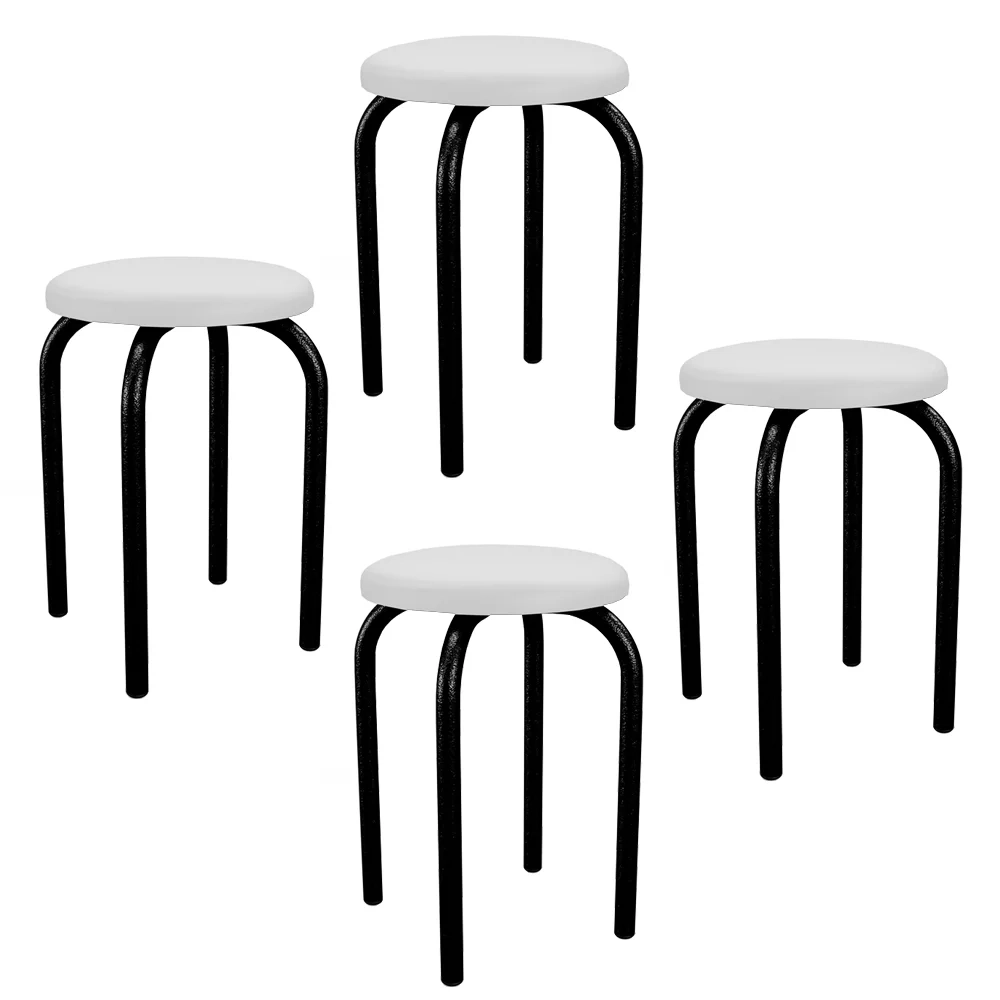 Kit 4 Banquetas Baixas Empilháveis em Aço Maviê Sintético Branco/Preto - Mpozenato