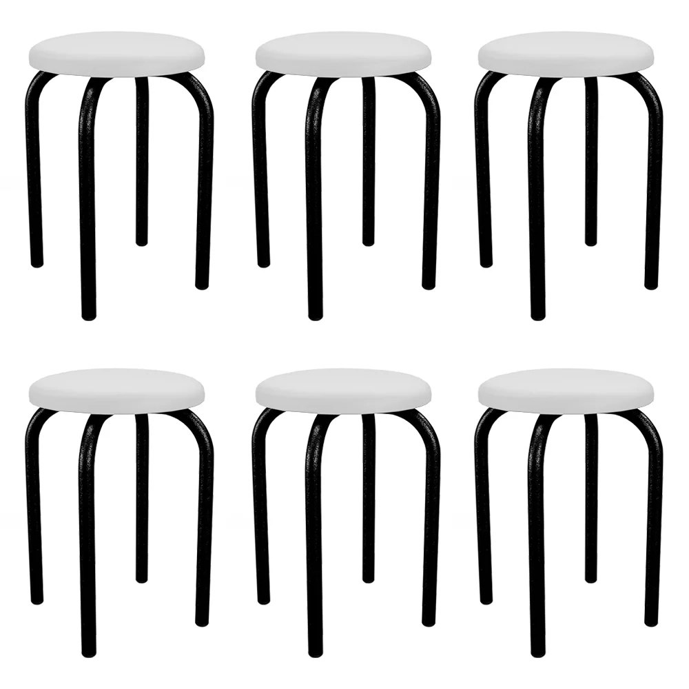 Kit 6 Banquetas Baixas Empilháveis em Aço Maviê Sintético Branco/Preto - Mpozenato