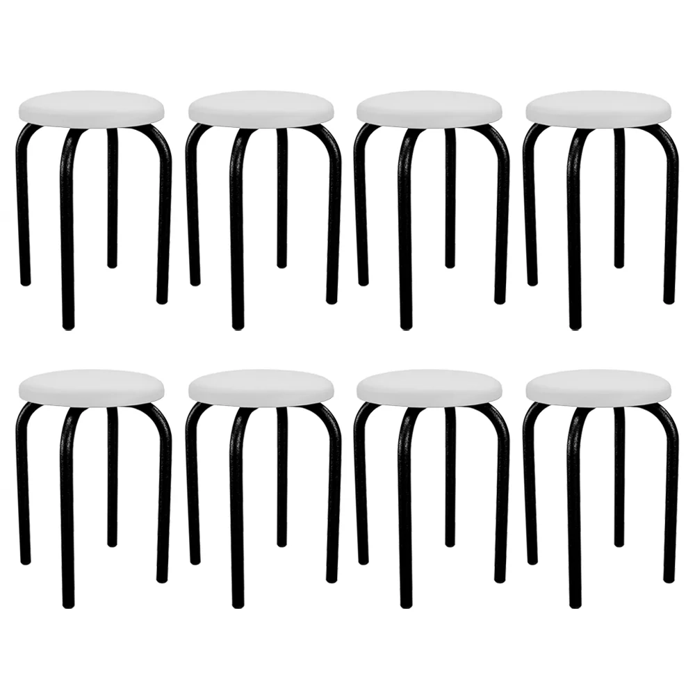 Kit 8 Banquetas Baixas Empilháveis em Aço Maviê Sintético Branco/Preto - Mpozenato
