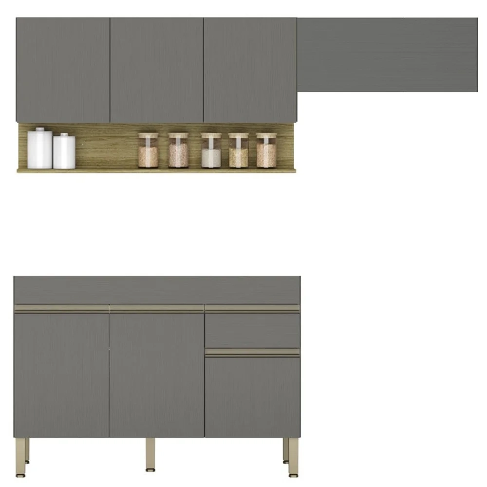 Armário de Cozinha 3 Peças Balcão sem Tampo 120cm Lina02 Z06 Gris/Freijó - Mpozenato