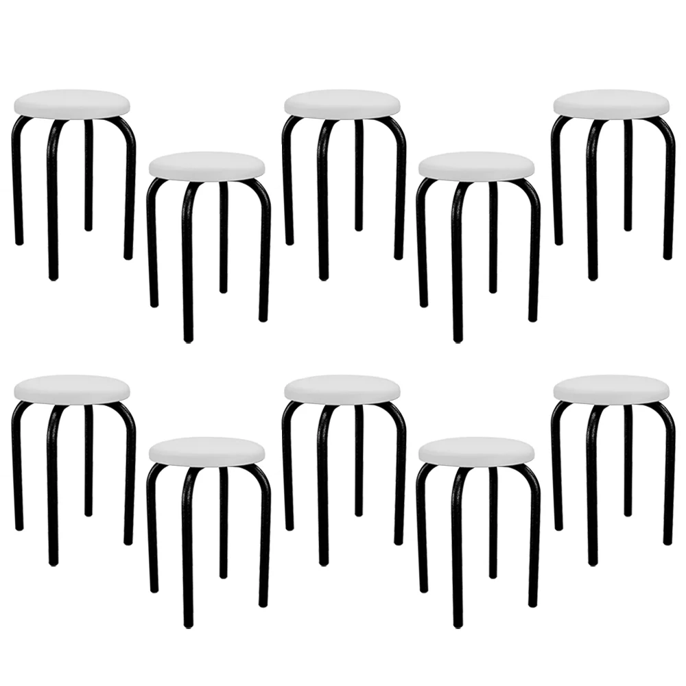 Kit 10 Banquetas Baixas Empilháveis em Aço Maviê Sintético Branco/Preto - Mpozenato