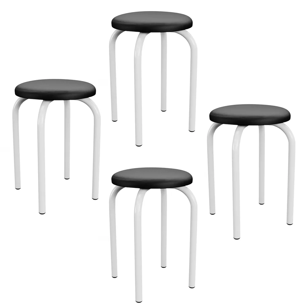 Kit 4 Banquetas Baixas Empilháveis em Aço Maviê Sintético Preto/Branco - Mpozenato