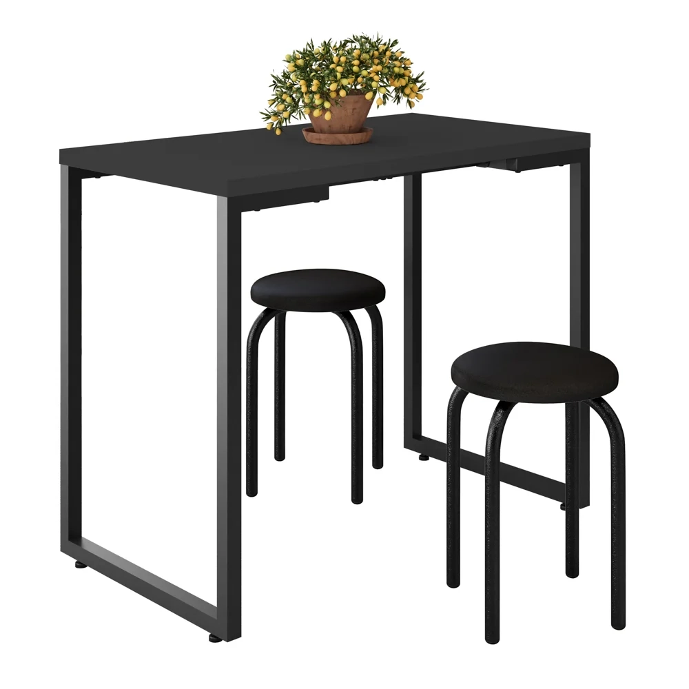 Mesa de Cozinha Bistrô Porto Preto 90cm com 2 Banquetas Industriais Maviê Preto - Mpozenato