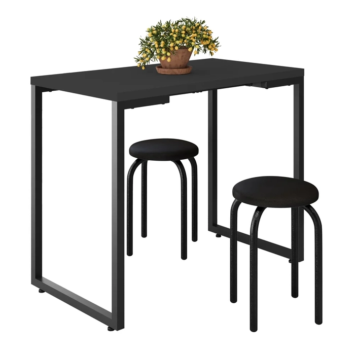 Mesa de Cozinha Bistrô Porto Preto 90cm com 2 Banquetas Industriais Maviê Preto - Mpozenato