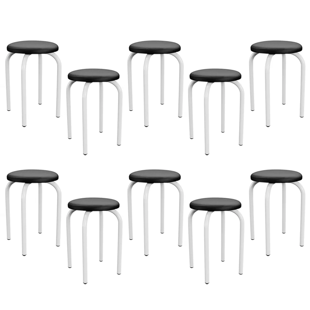 Kit 10 Banquetas Baixas Empilháveis em Aço Maviê Sintético Preto/Branco - Mpozenato