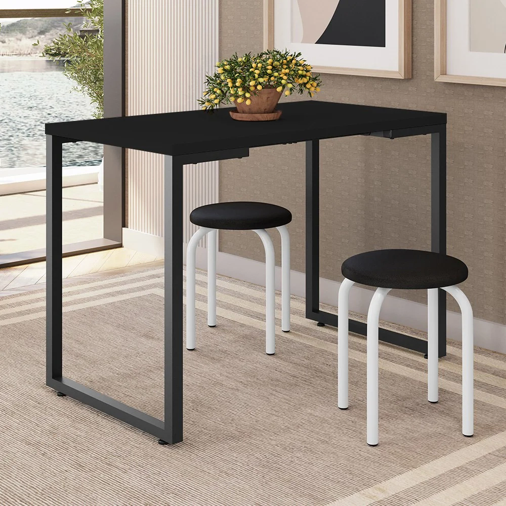 Mesa de Cozinha Bistrô Porto Preto 120cm com 2 Banquetas Industriais Maviê Preto/Branco - Mpozenato