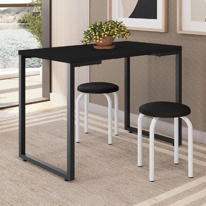 Mesa de Cozinha Bistrô Porto Preto 120cm com 2 Banquetas Industriais Maviê Preto/Branco - Mpozenato