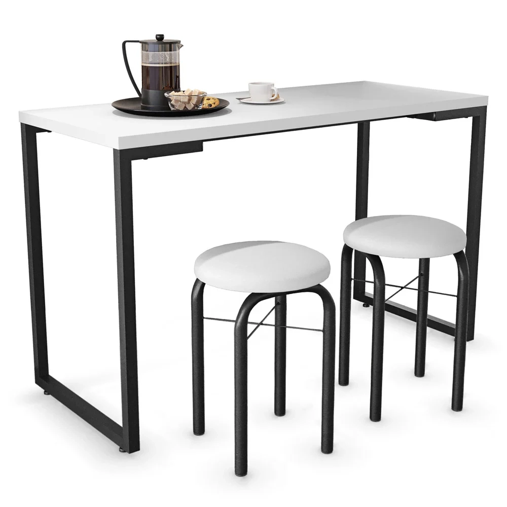 Mesa de Cozinha Bistrô Porto Branco 120cm com 2 Banquetas Industriais Maviê Branco/Preto - Mpozenato