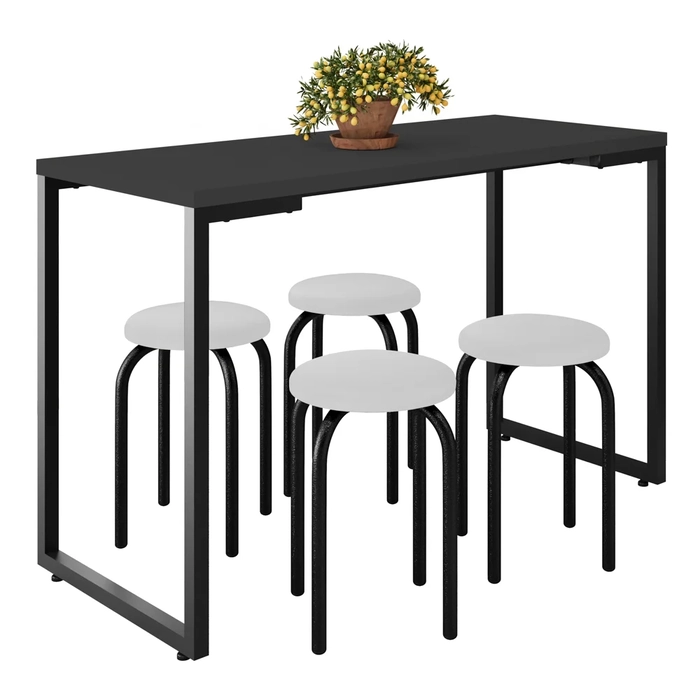 Mesa de Cozinha Bistrô Porto Preto 120cm com 4 Banquetas Industriais Maviê Branco/Preto - Mpozenato