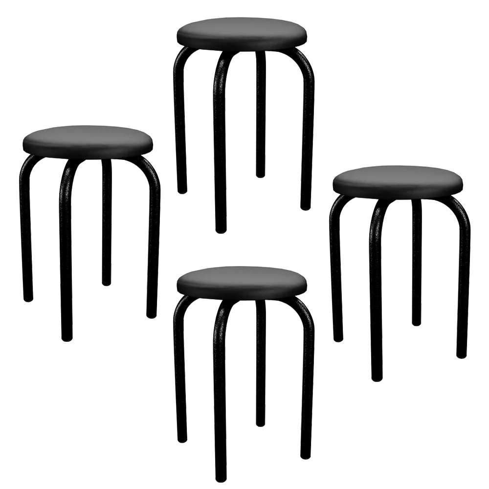 Kit 4 Banquetas Baixas Empilháveis em Aço Maviê Sintético Preto - Mpozenato