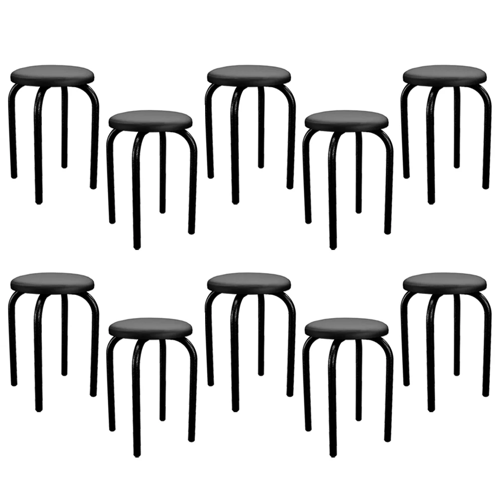 Kit 10 Banquetas Baixas Empilháveis em Aço Maviê Sintético Preto - Mpozenato