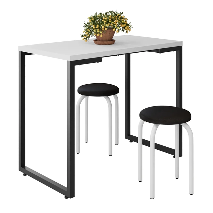 Mesa de Cozinha Bistrô Porto Branco 90cm com 2 Banquetas Industriais Maviê Preto/Branco - Mpozenato