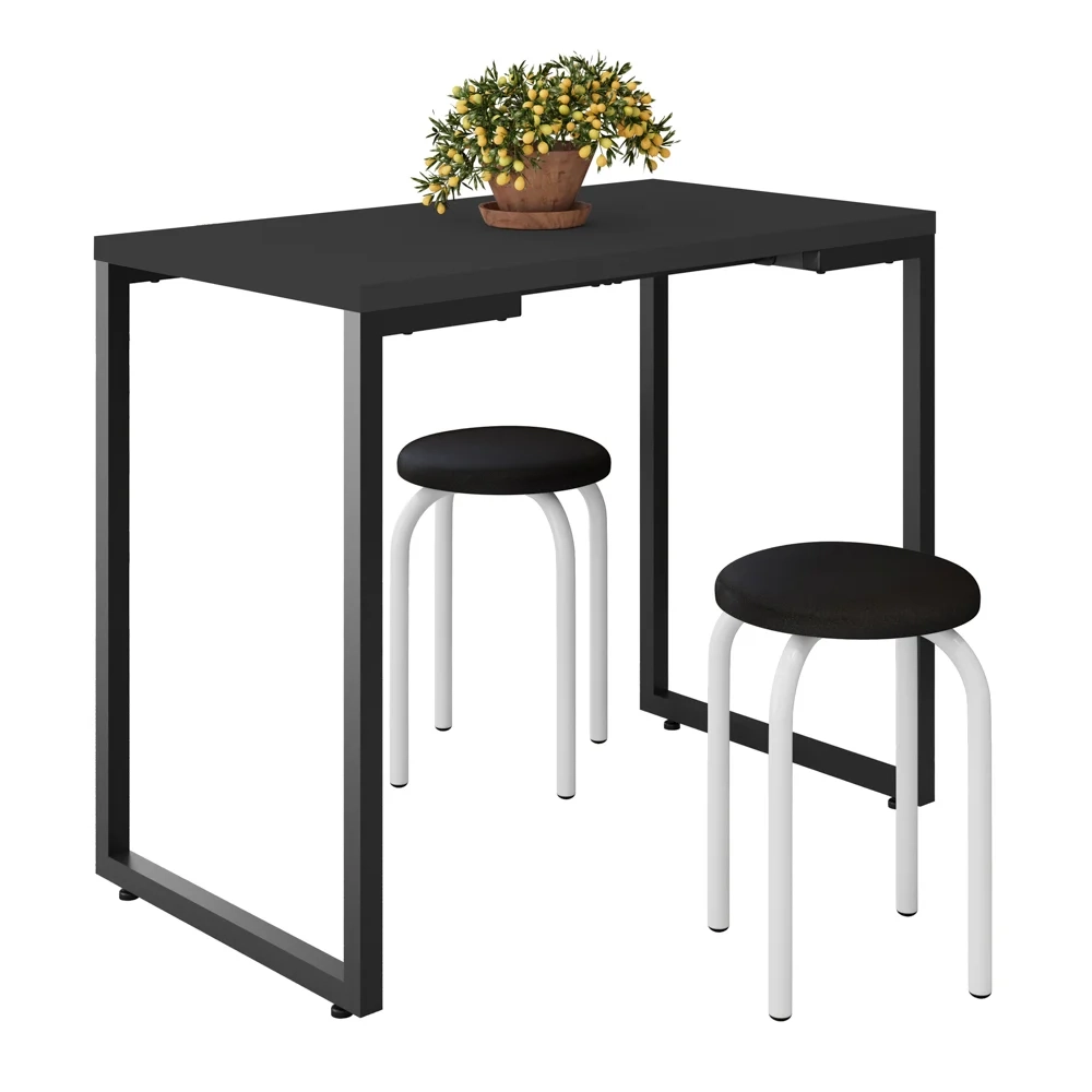 Mesa de Cozinha Bistrô Porto Preto 90cm com 2 Banquetas Industriais Maviê Preto/Branco - Mpozenato