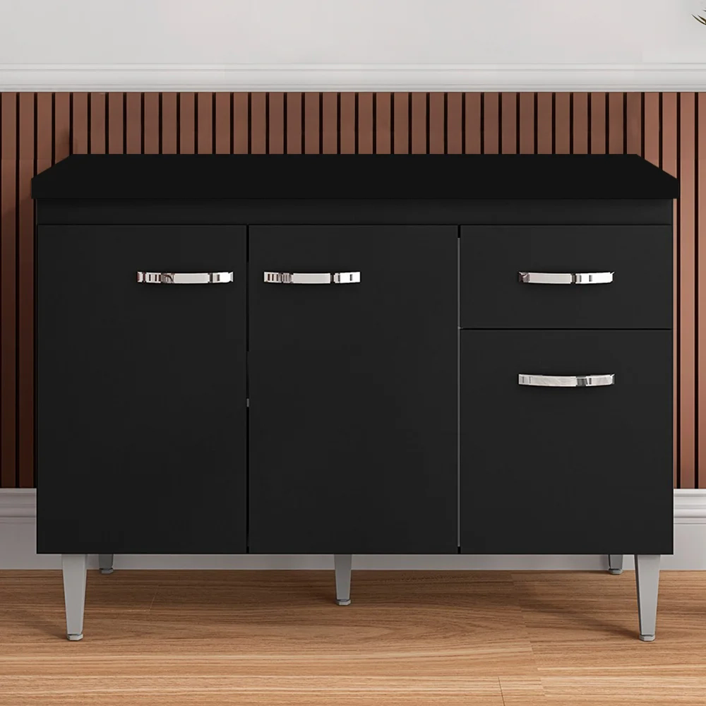 Balcão Gabinete Para Pia Com Tampo 120cm 3 Portas e 1 Gaveta Gabriela Preto - AJL Móveis