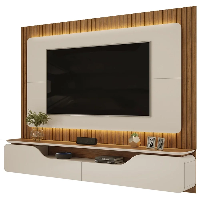 Painel Ripado para TV 70 Pol com Bancada Suspensa 210cm Trevis D04 Off White/Freijó - Mpozenato