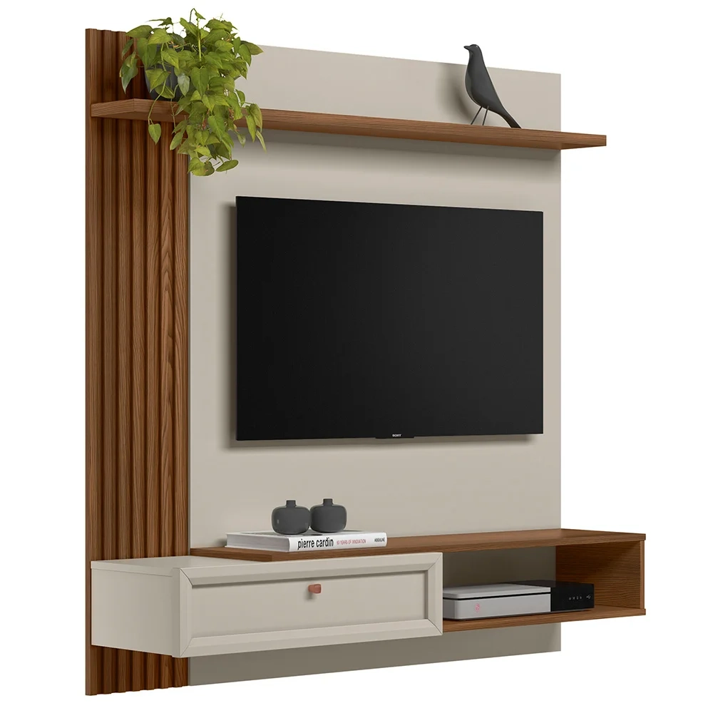 Painel Para TV 55 Polegadas Suspenso Ripado Jully L06 Freijó/Off White - Mpozenato
