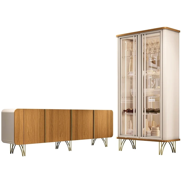 Balcão Buffet Piacente Com Cristaleira Alvora H01 Off White/Cinamomo - Mpozenato