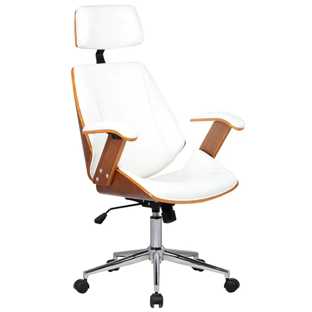 Cadeira de Escritório Presidente Giratória Madeira Liziê R02 Sintético Branco - Mpozenato