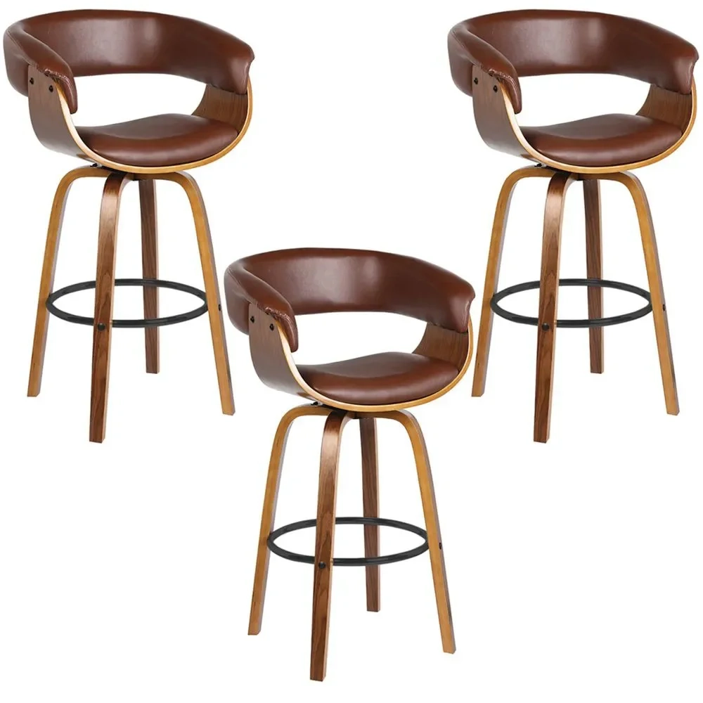 Kit 3 Banquetas Giratória Alta com Encosto Base Madeira Ravi R02 Sintético Marrom - Mpozenato