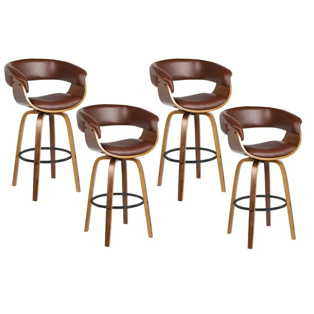 Kit 4 Banquetas Giratória Alta com Encosto Base Madeira Ravi R02 Sintético Marrom - Mpozenato