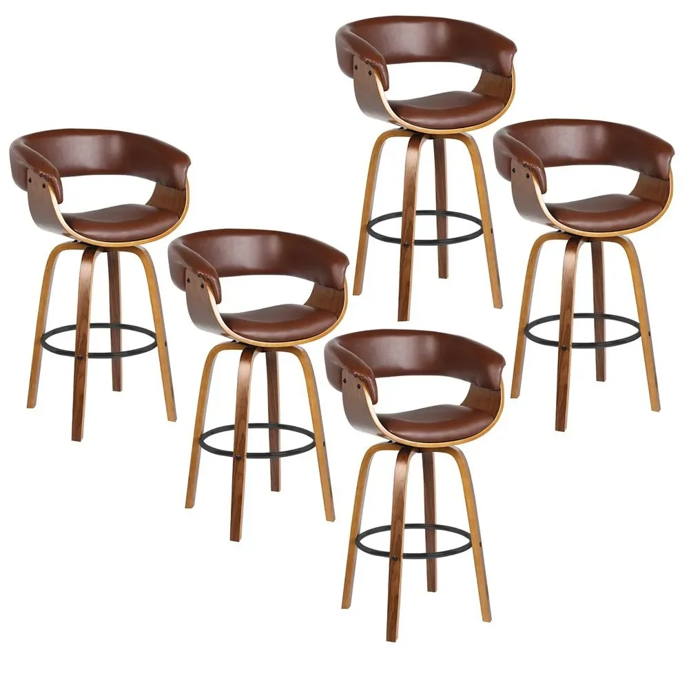 Kit 5 Banquetas Giratória Alta com Encosto Base Madeira Ravi R02 Sintético Marrom - Mpozenato
