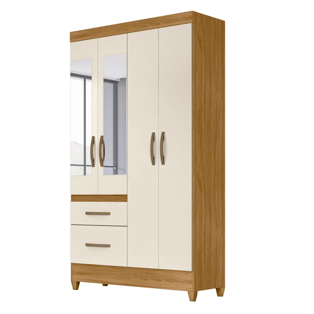 Guarda Roupa Solteiro com Espelho 4 Portas 2 Gavetas Dalí Z17 Freijó/Off White - Mpozenato