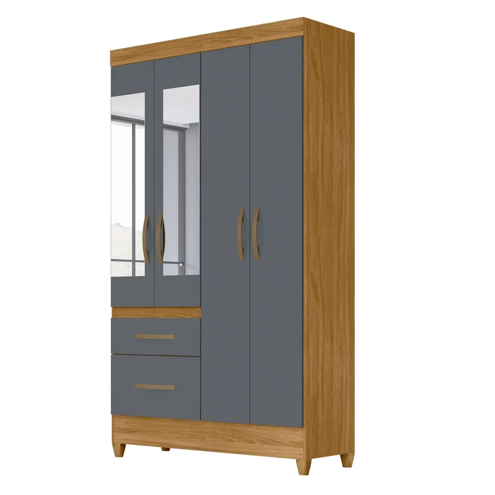 Guarda Roupa Solteiro com Espelho 4 Portas 2 Gavetas Dalí Z17 Freijó/Cinza - Mpozenato