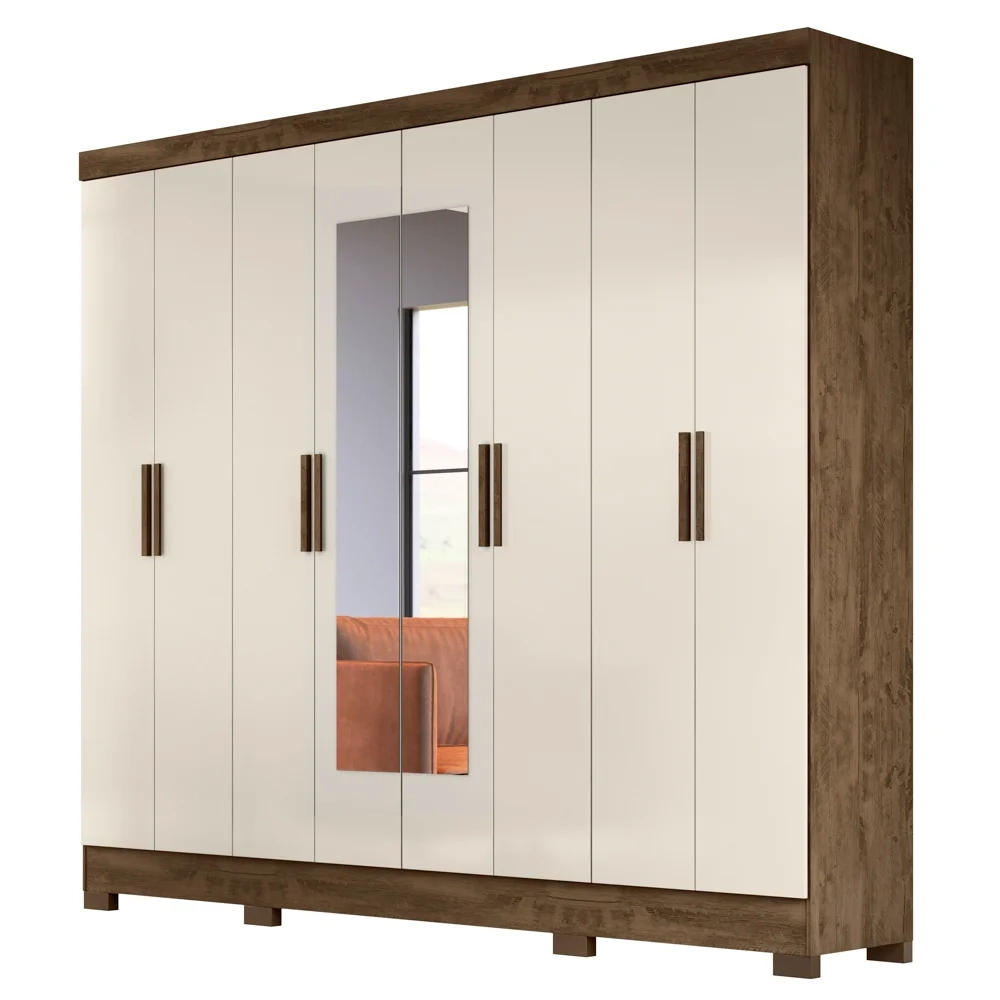 Guarda Roupa Casal com Espelho 8 Portas 236cm Ágata Z17 Castanho Wood/Off White - Mpozenato
