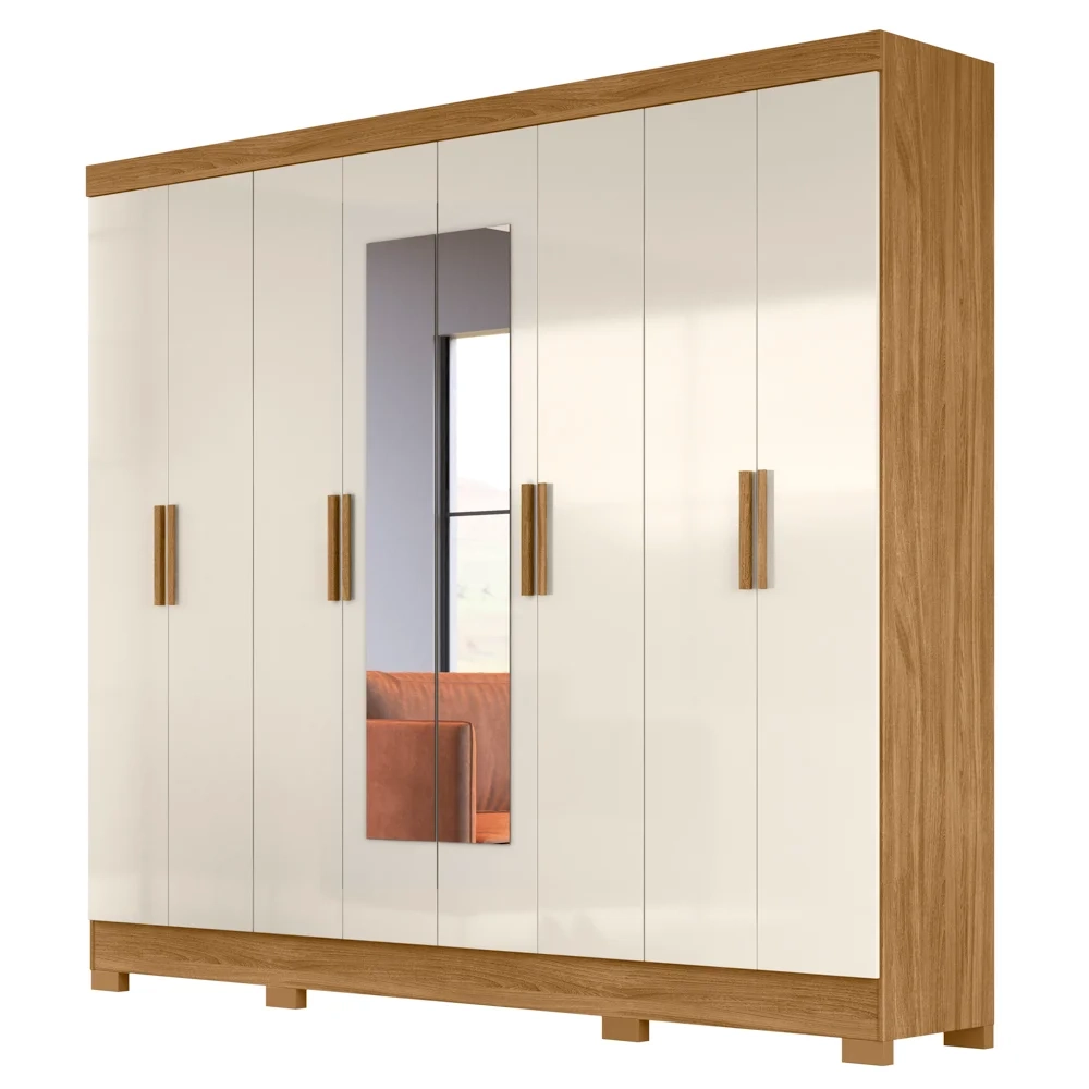 Guarda Roupa Casal com Espelho 8 Portas 236cm Ágata Z17 Freijó/Off White - Mpozenato