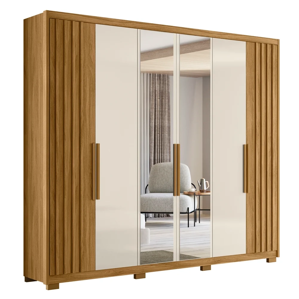 Guarda Roupa Casal com Espelho 6 Portas 260cm Gaia Z17 Freijó/Off White - Mpozenato