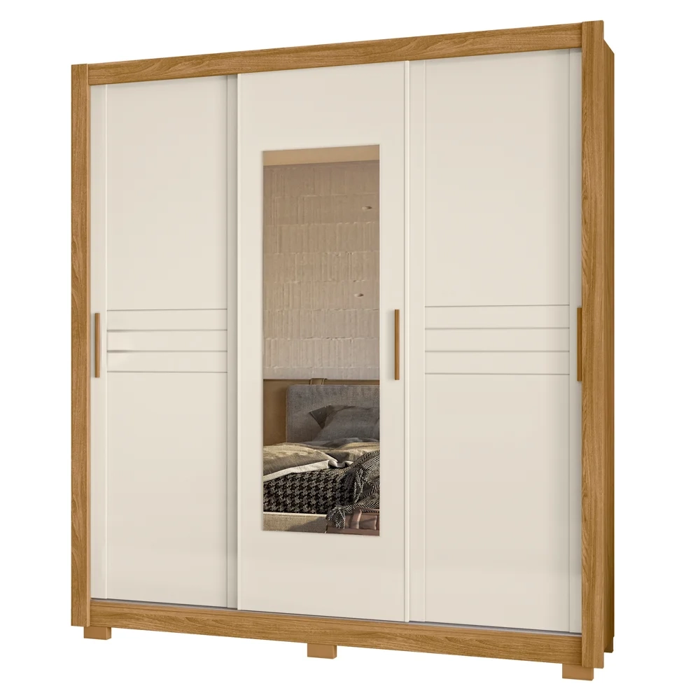 Guarda Roupa Casal 3 Portas de Correr e Espelho 202cm Toronto Z17 Freijó/Off White - Mpozenato