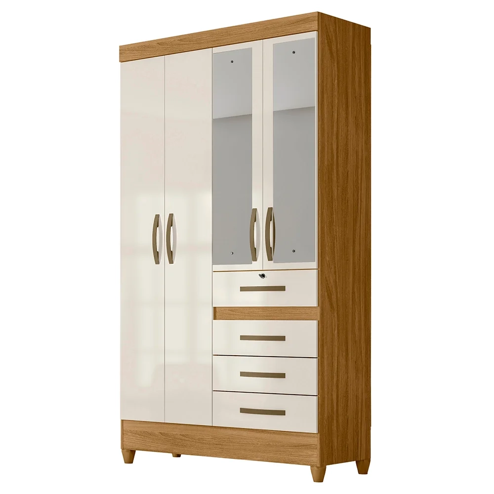 Guarda Roupa Solteiro com Espelho 4 Portas 4 Gavetas Cabral Z17 Freijó/Off White - Mpozenato