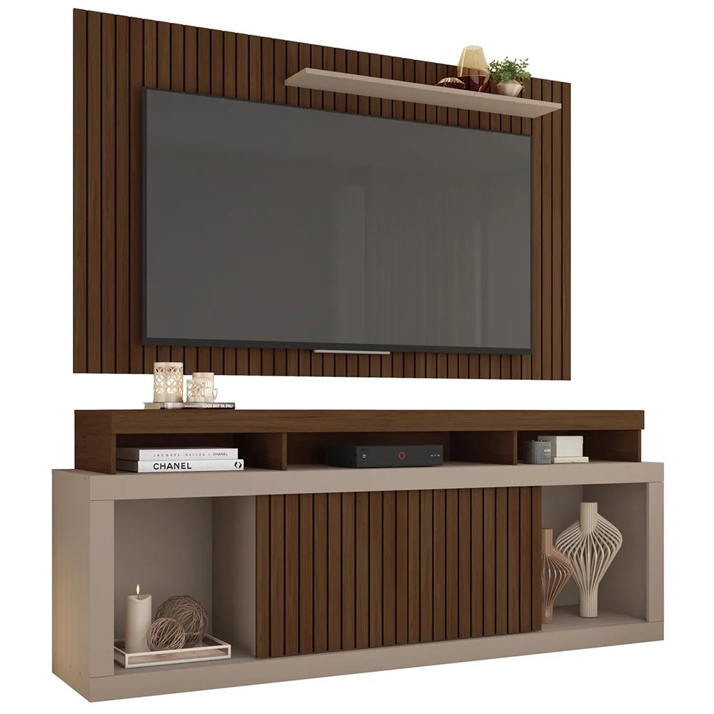 Rack Bancada Com Painel Para TV 65 Pol. Ripado Krome C01 Fendi/Havana - Mpozenato