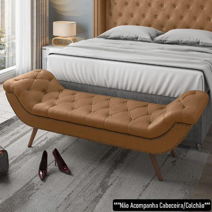 Puff Recamier Calçadeira 195cm Pés Palito Madeira Venêto Z37 Sintético Caramelo - Mpozenato