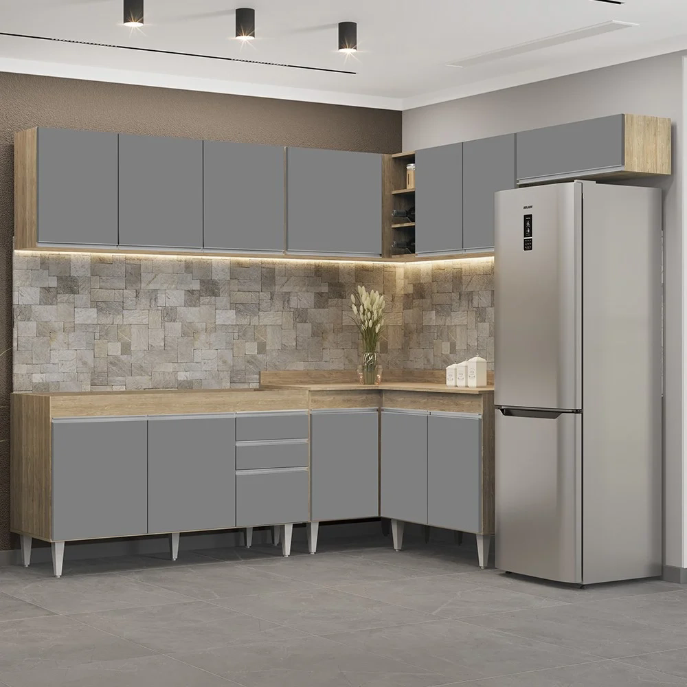Armário de Cozinha Modulado de Canto 7 Peças CP22 Balcão sem Tampo Castanho/Cinza - Lumil