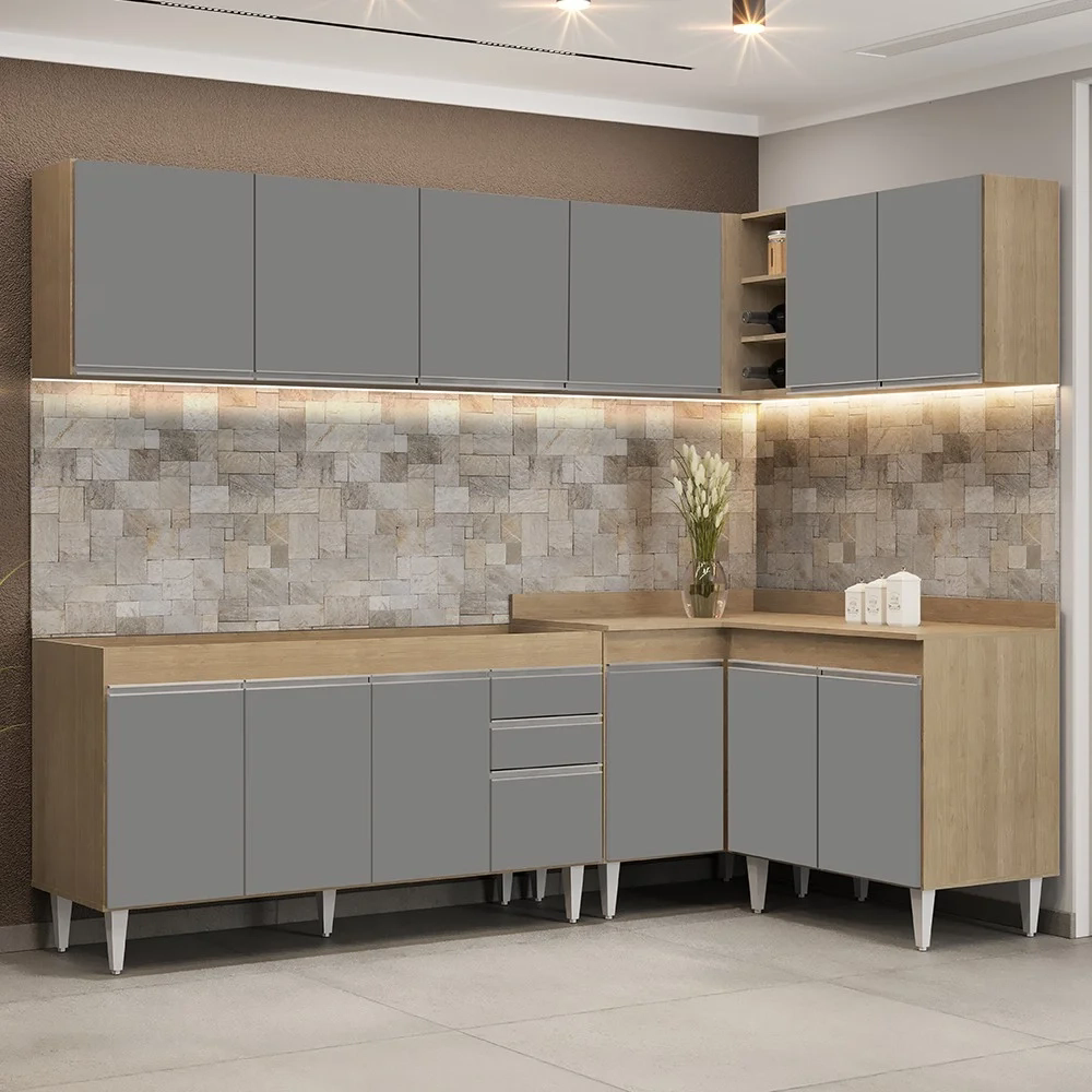 Armário de Cozinha Modulado de Canto 6 Peças CP31 Balcão sem Tampo Castanho/Cinza - Lumil