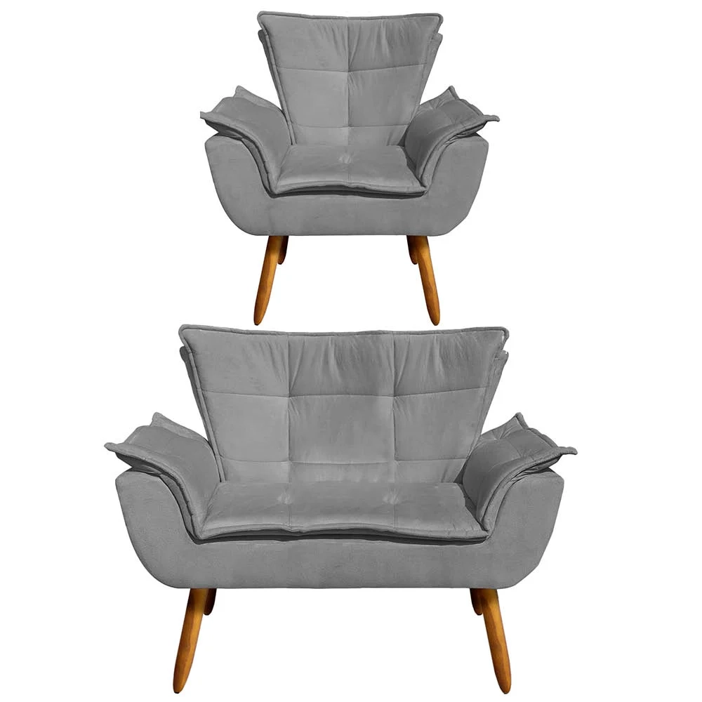 Kit Namoradeira 2 Lugares e 1 Poltrona Decorativa Pés Palito Opla Suede Grafite - Ibiza