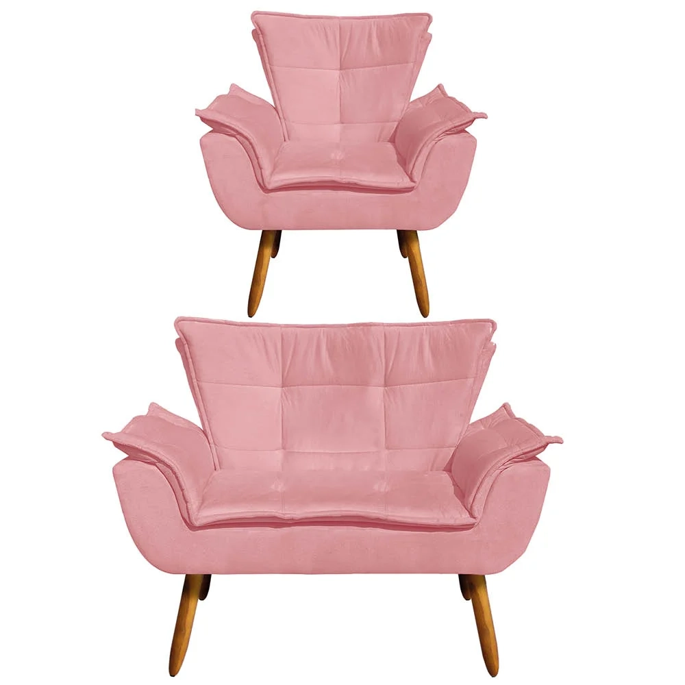 Kit Namoradeira 2 Lugares e 1 Poltrona Decorativa Pés Palito Opla Suede Rose - Ibiza