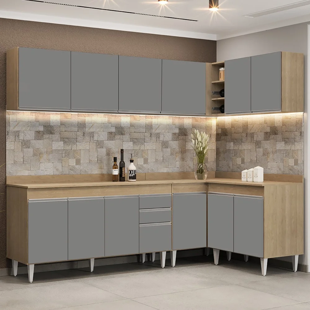 Armário de Cozinha Modulado de Canto 6 Peças CP32 Balcão com Tampo Castanho/Cinza - Lumil