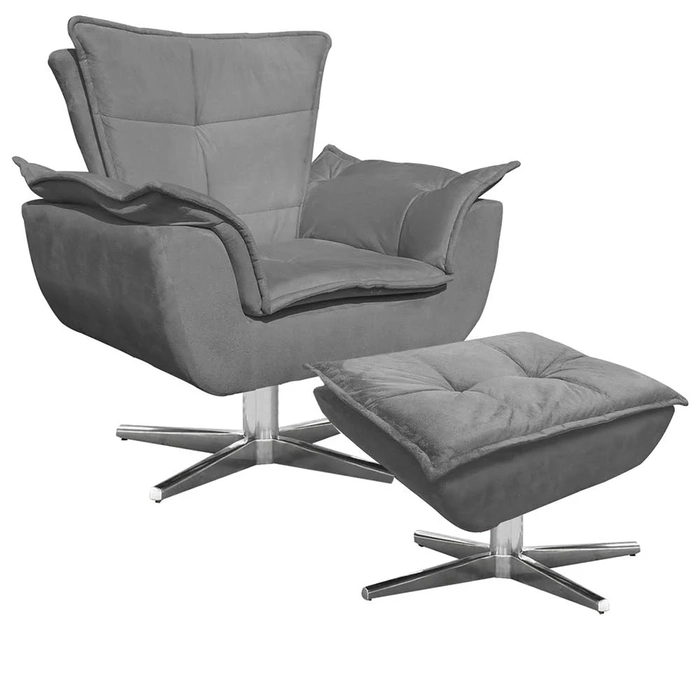 Poltrona Decorativa Base Giratória Cromada com Puff Opla Suede Grafite - Ibiza