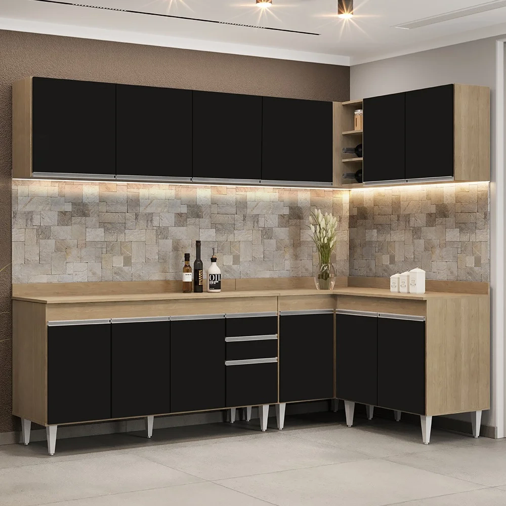 Armário de Cozinha Modulado de Canto 6 Peças CP32 Balcão com Tampo Castanho/Preto - Lumil