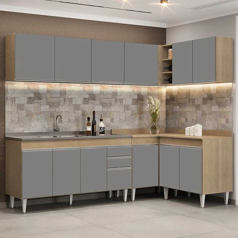 Armário de Cozinha Modulado de Canto 6 Peças CP33 com Pia Inox Castanho/Cinza - Lumil