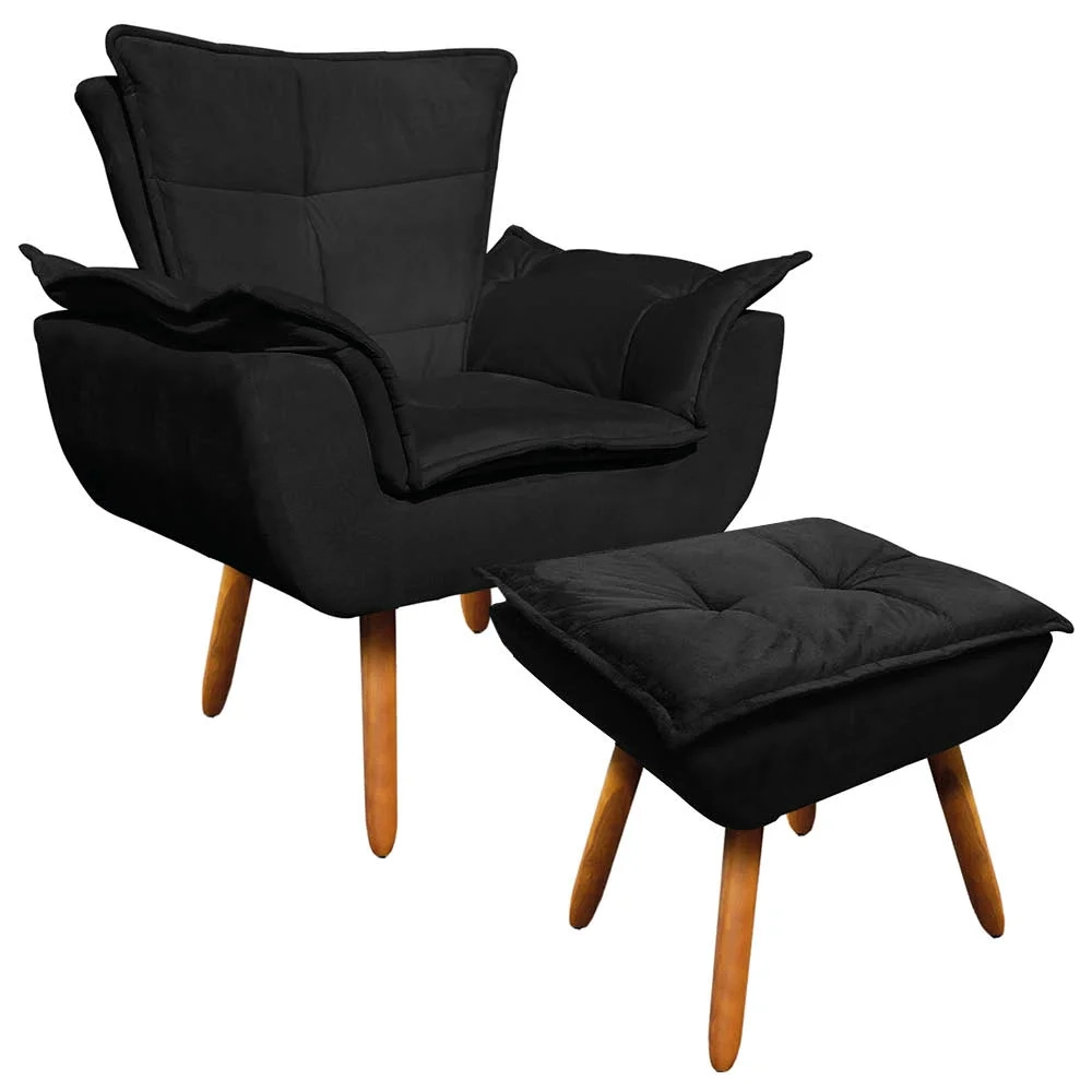 Poltrona Decorativa Pés Palito com Puff Opla Suede Preto - Ibiza