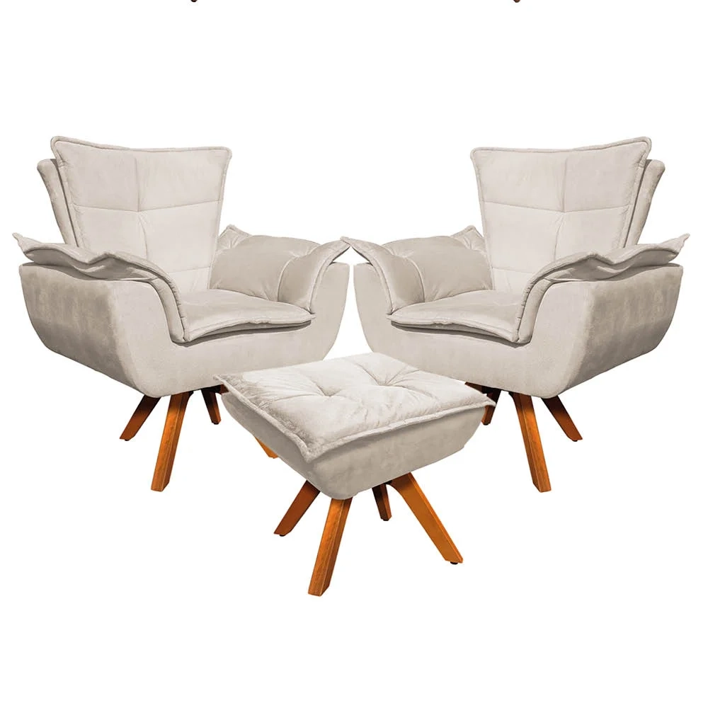 Kit 2 Poltronas Decorativas Base Giratória Giromad com Puff Opla Suede Bege - Ibiza
