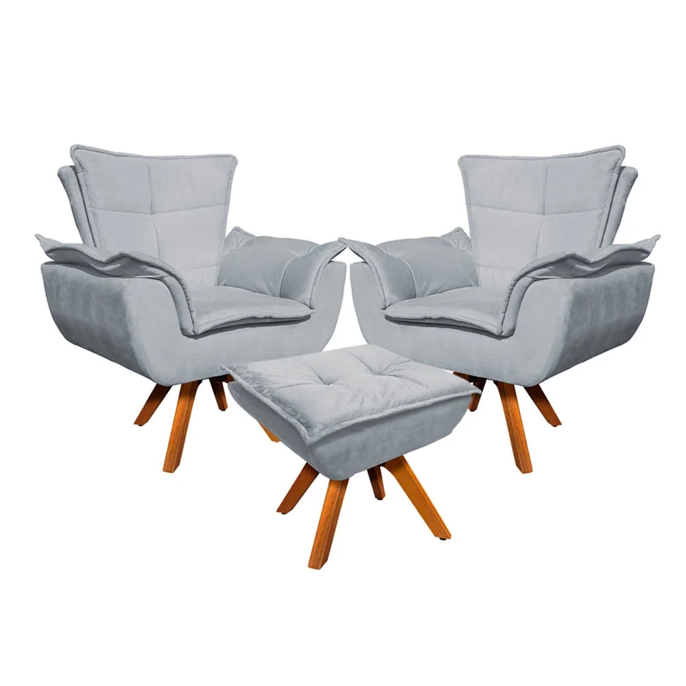Kit 2 Poltronas Decorativas Base Giratória Giromad com Puff Opla Suede Cinza - Ibiza